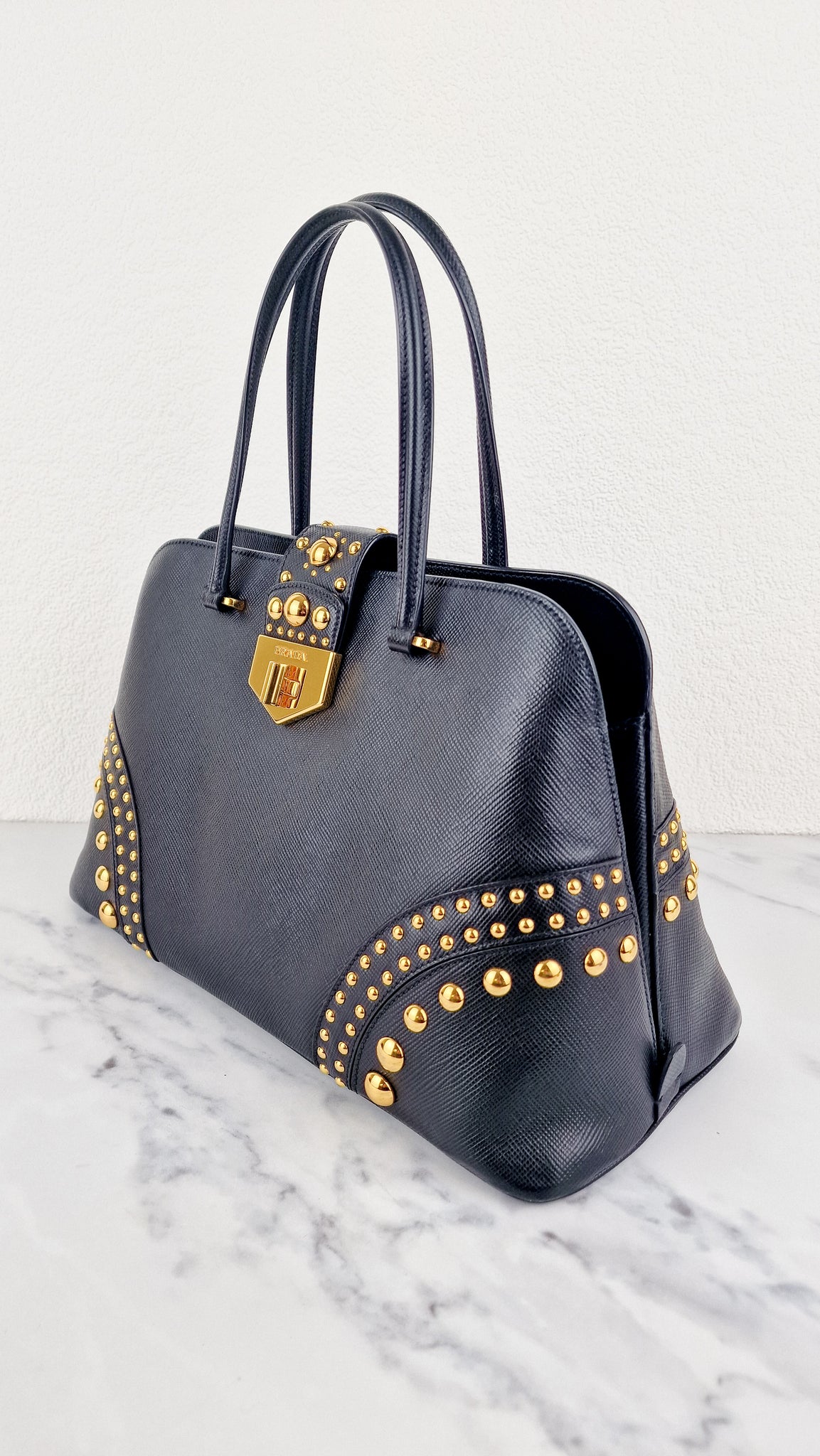 Prada Saffiano Cuir Handbag in Black Leather with Gold Studs - Handbag –  Essex Fashion House