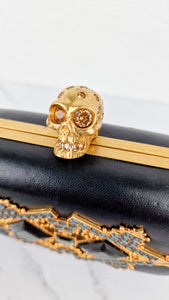 Alexander McQueen Skull Box Clutch Black Leather and Swarovski Crystals Gold Hardware