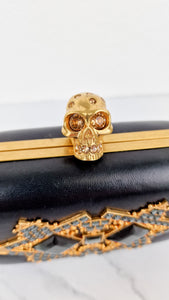 Alexander McQueen Skull Box Clutch Black Leather and Swarovski Crystals Gold Hardware