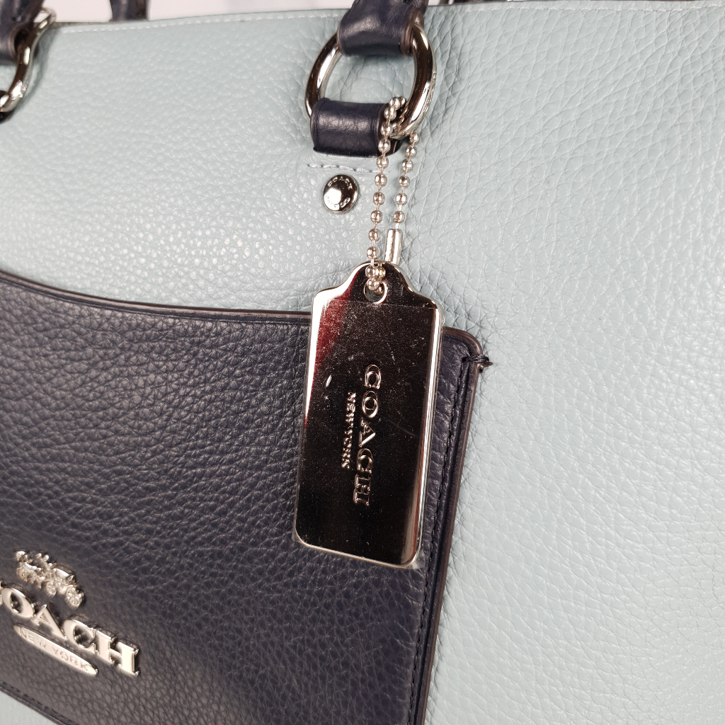 Coach Emma Satchel in Seafoam Blue with Navy Coloblock Pebble Leather Essex Fashion House