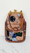 Load image into Gallery viewer, Limited Edition Coach x Keith Haring 1941 Frame Kisslock Clutch Pouch with Patchwork &amp; Embellishments in Signature &amp; Saddle Brown - Charms, Rexy, Crystals, Rivets, Tea Roses - Coach 31068
