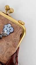 Load image into Gallery viewer, Limited Edition Coach x Keith Haring 1941 Frame Kisslock Clutch Pouch with Patchwork &amp; Embellishments in Signature &amp; Saddle Brown - Charms, Rexy, Crystals, Rivets, Tea Roses - Coach 31068&#39;
