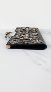 Alexander McQueen Knuckle Skull Flat Clutch in Black Leather Crystal & Sequin Embellished 570532 494885