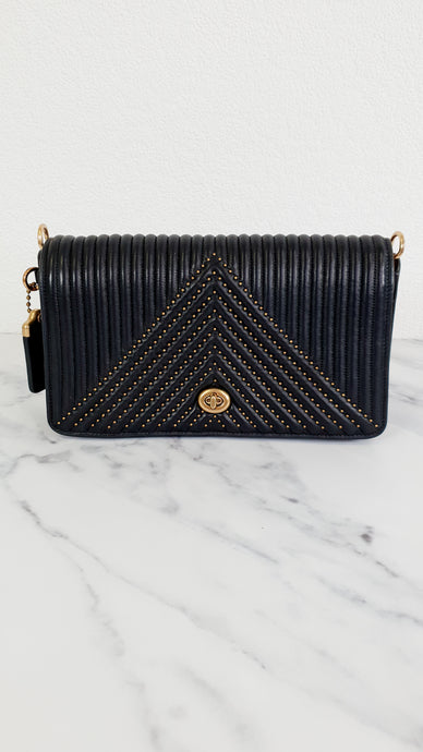 Coach 1941 Dinky Crossbody Bag in Black Smooth Quilted Nappa Leather Chevrons Rivets- Coach 22789