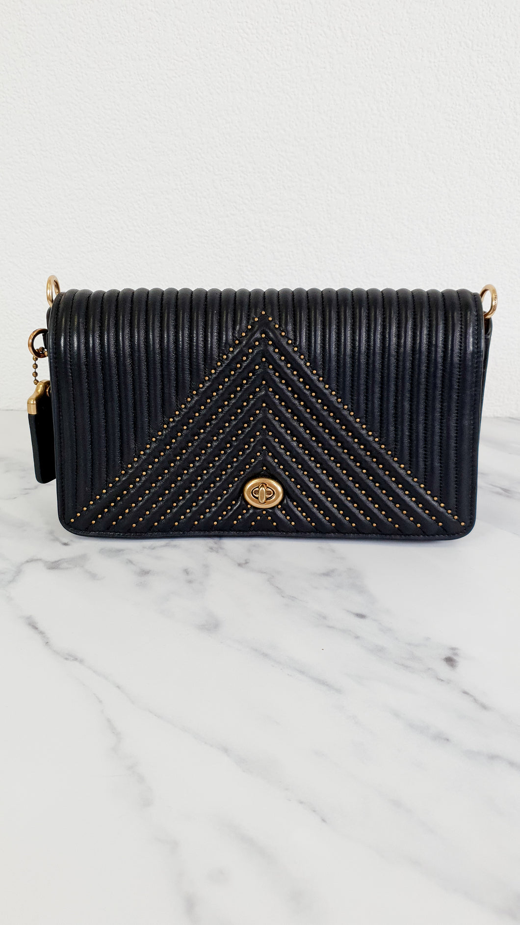 Coach 1941 Dinky Crossbody Bag in Black Smooth Quilted Nappa Leather Chevrons Rivets- Coach 22789