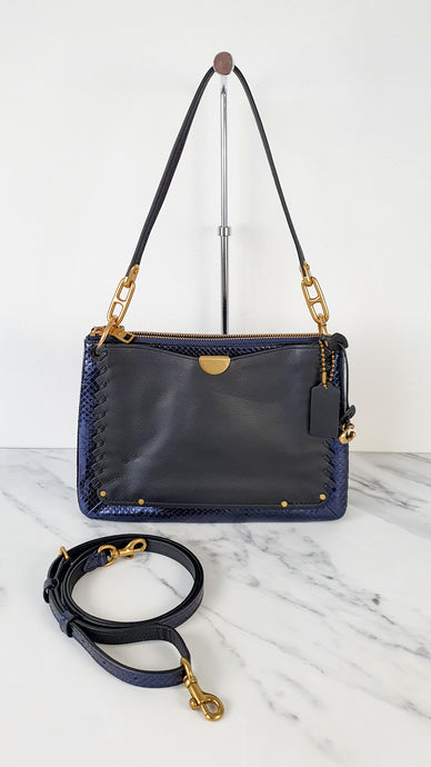 Coach Dreamer Shoulder Bag Crossbody in Black and Blue with Whipstitch and Snakeskin - Mixed Leather & Suede - Sample Bag coach 69611 