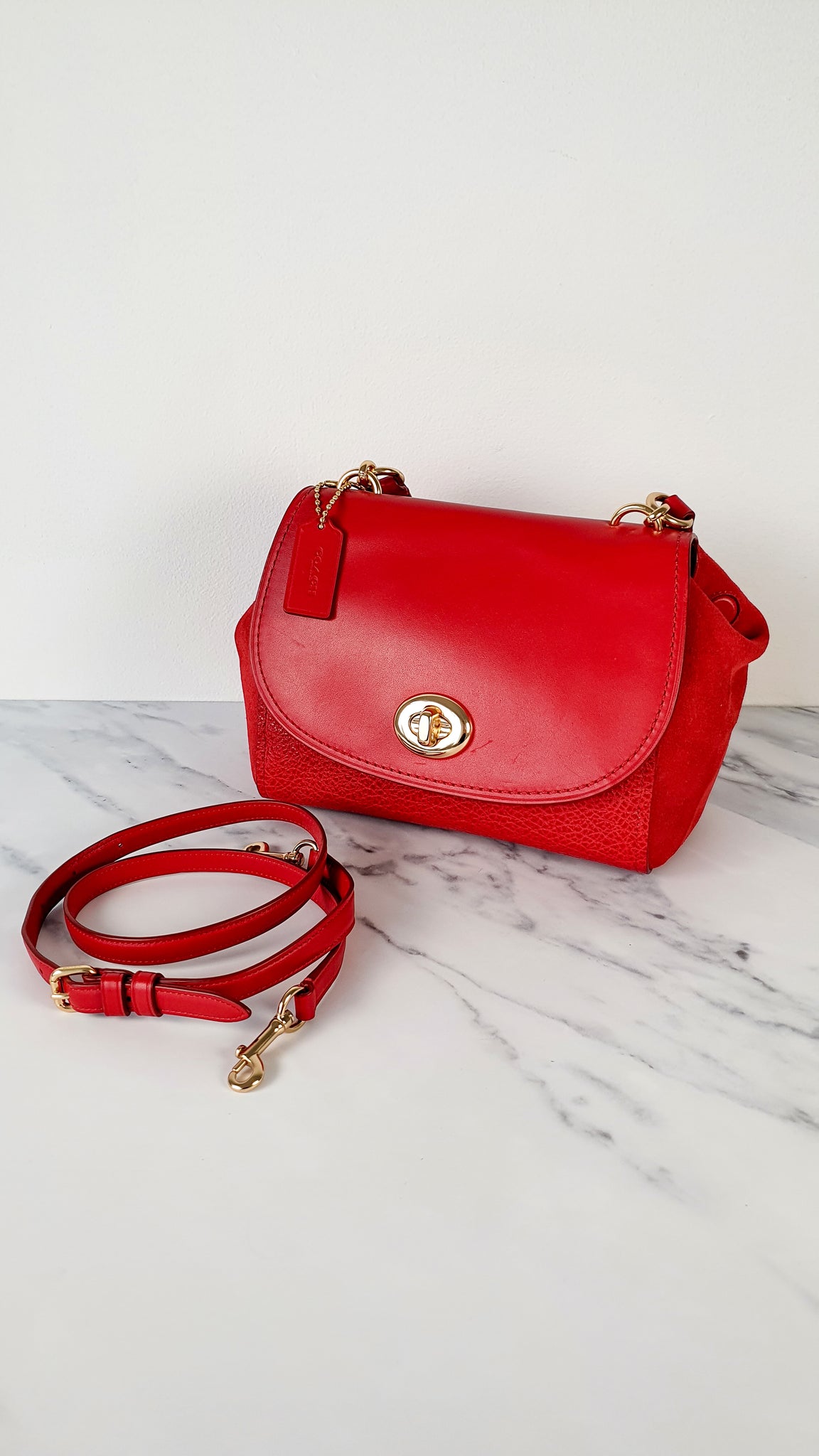 Coach Faye in Red Mixed Leather Suede Flap Bag Turnlock