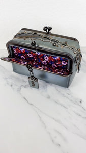 RARE Coach x Keith Haring 1941 Crystal Embellished Mailbox Shoulder Bag with Kisslocks in Metallic Grey Smooth Leather - Crossbody Handbag Shoulder Bag - Coach 29108