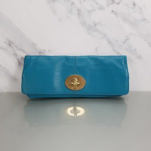 Coach Clutch Blue Teal Turquoise Mineral Brass Turnlock Clutch Foldover Bag