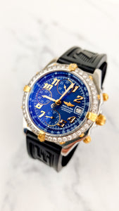 Breitling Chronomat Two Tone 18K Yellow Gold Stainless Steel Blue Face Dial with Diamond Bezel Chronograph Arabic Numbers B13050.1