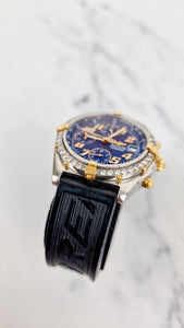Breitling Chronomat Two Tone 18K Yellow Gold Stainless Steel Blue Face Dial with Diamond Bezel Chronograph Arabic Numbers B13050.1