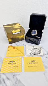 Breitling Chronomat Two Tone 18K Yellow Gold Stainless Steel Blue Face Dial with Diamond Bezel Chronograph Arabic Numbers B13050.1