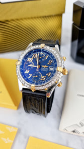 Breitling Chronomat Two Tone 18K Yellow Gold Stainless Steel Blue Face Dial with Diamond Bezel Chronograph Arabic Numbers B13050.1