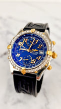 Load image into Gallery viewer, Breitling Chronomat Two Tone 18K Yellow Gold Stainless Steel Blue Face Dial with Diamond Bezel Chronograph Arabic Numbers B13050.1
