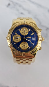 Breitling Chronomat 18K Yellow Gold 40mm Blue Dial RARE Watch FULL SET Box & Papers K13350