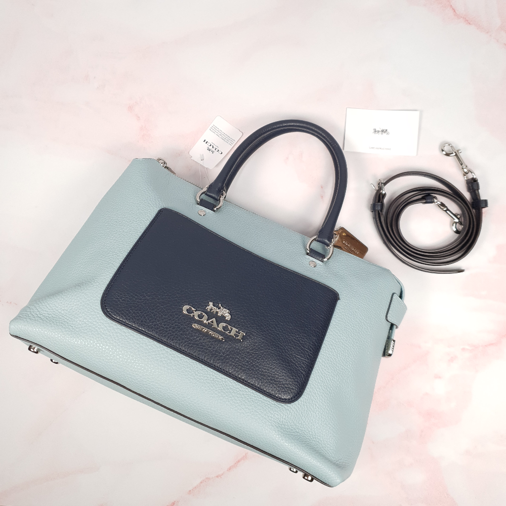Coach Emma Satchel in Seafoam Blue with Navy Coloblock Pebble Leather Essex Fashion House