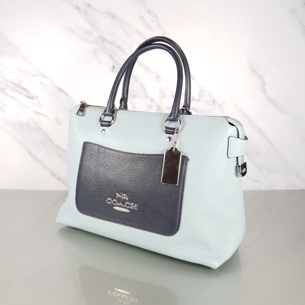 Coach Emma Satchel in Seafoam Blue with Navy Coloblock Pebble