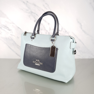 COACH Emma seafoam Satchel Handbag BlueCoach Emma Satchel in Seafoam Blue with Navy Coloblock Pebble Leather - Coach F72856